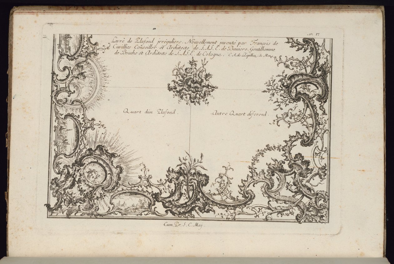 Two Quarters of a Ceiling, New Book of irregular Ceilings af François de Cuvilliés the Elder
