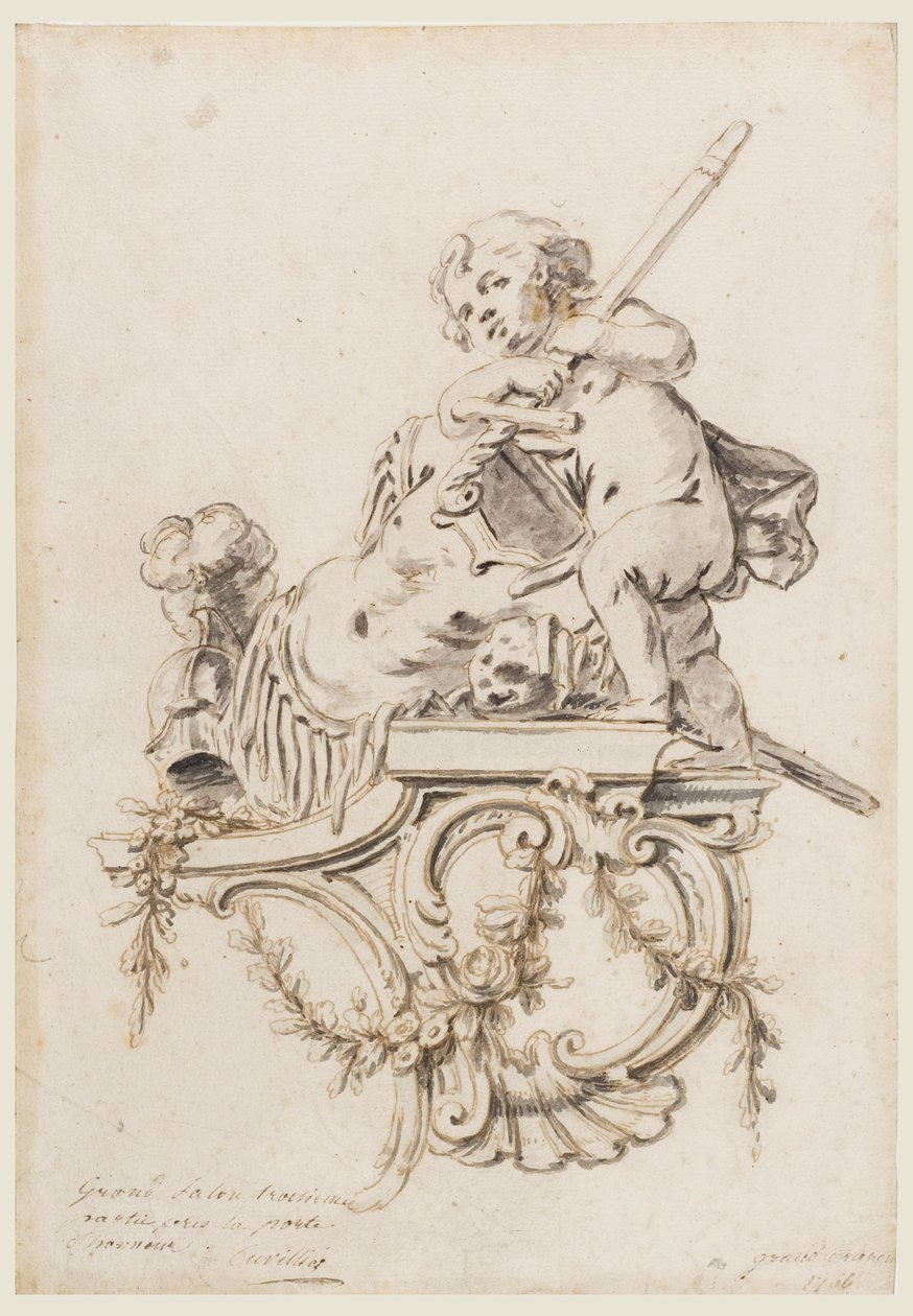 Design til et skulpturelt beslag med Putto ledsaget af krigens attributter, til Grand Trianon, Versailles af François de Cuvilliés the younger