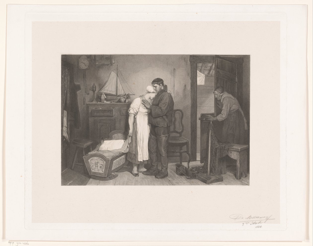 Visser Interiør med et sørgende ægtepar ved en tom krybbe af François de Meersman (signed by artist)