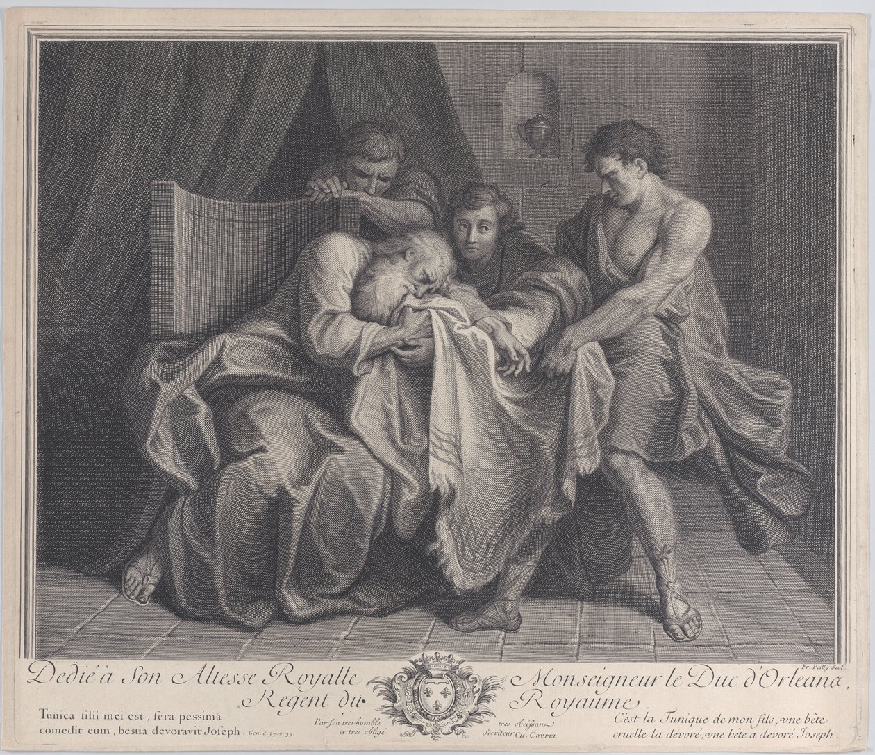 Jakob græder i sin søns kappe, mens hans andre sønner trækker den væk fra ham, 1724. af François de Poilly