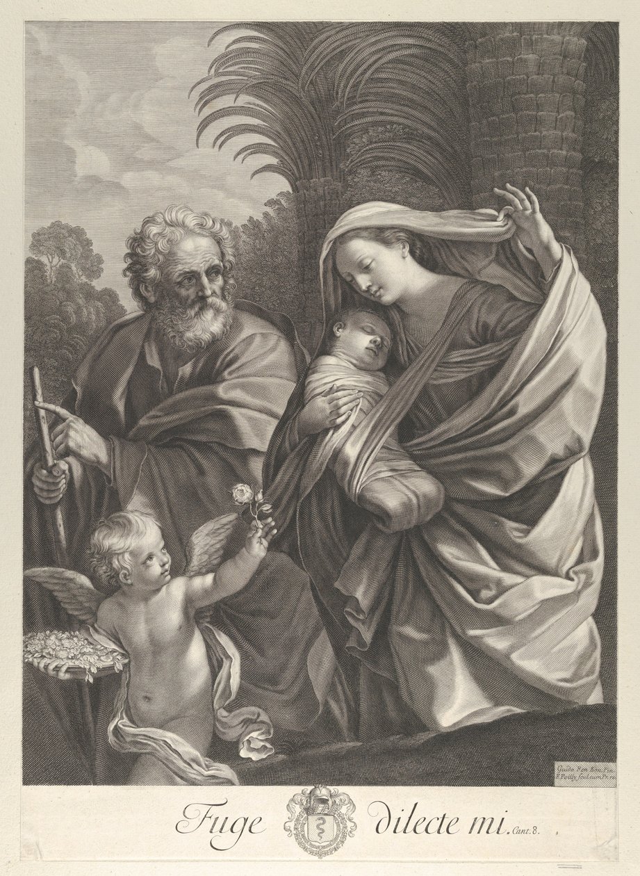 Flugten til Egypten, den hellige familie går sammen, Saint Joseph peger på t..., ca. 1648-81. af François de Poilly