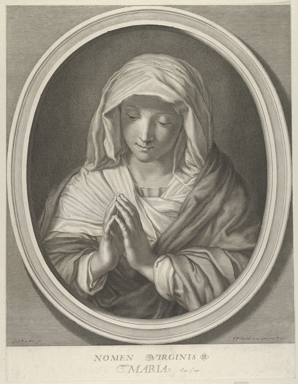 Jomfruen i bøn ser ned, i en oval ramme, efter Reni, 1640-93. af François de Poilly