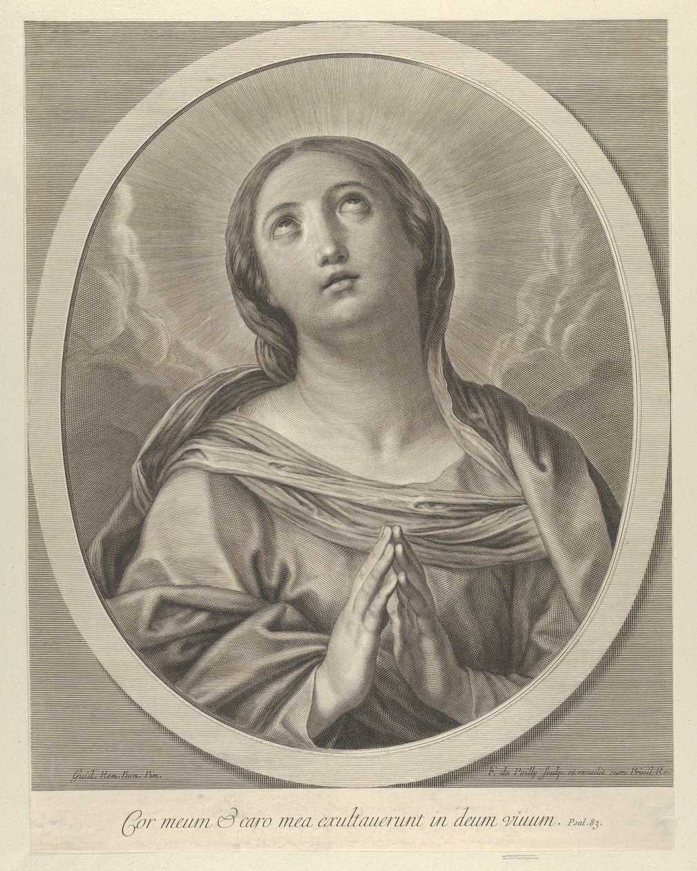 Jomfruen i bøn, ser op med skyer bag sig, i en oval ramme, efter Reni, ..., 1648-81. af François de Poilly