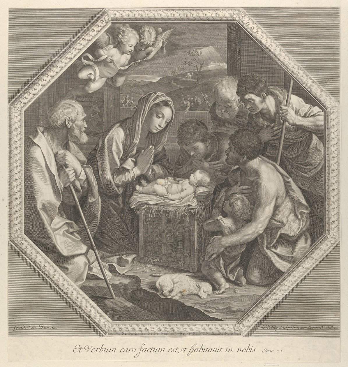 Tilbedelsen af hyrderne, der knæler sammen lige foran det spæde Kristus..., ca. 1655-93. af François de Poilly