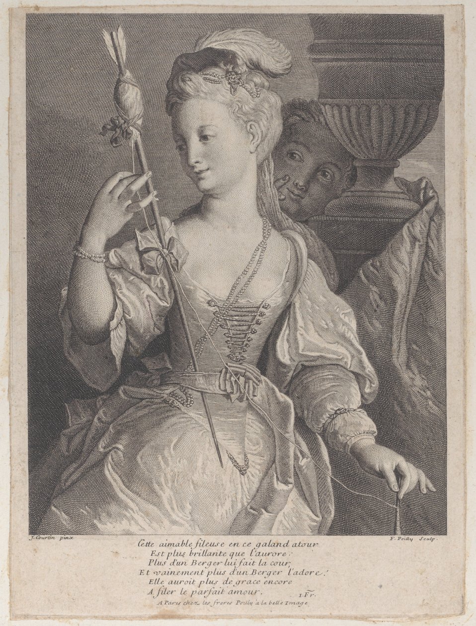 Ung kvinde spinder tråd til en pil, 1686-1741. af François de Poilly