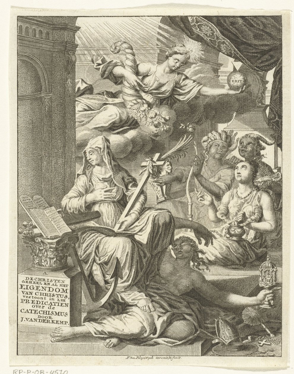 Allegori med kvindelige personifikationer af blandt andet sandheden og dyder og laster Titelside for: Johannes van der Kemp, Kristen helt ejet af Kristus i liv og død, viser i treoghalvtreds prædikener om det hellige af François van Bleyswijck