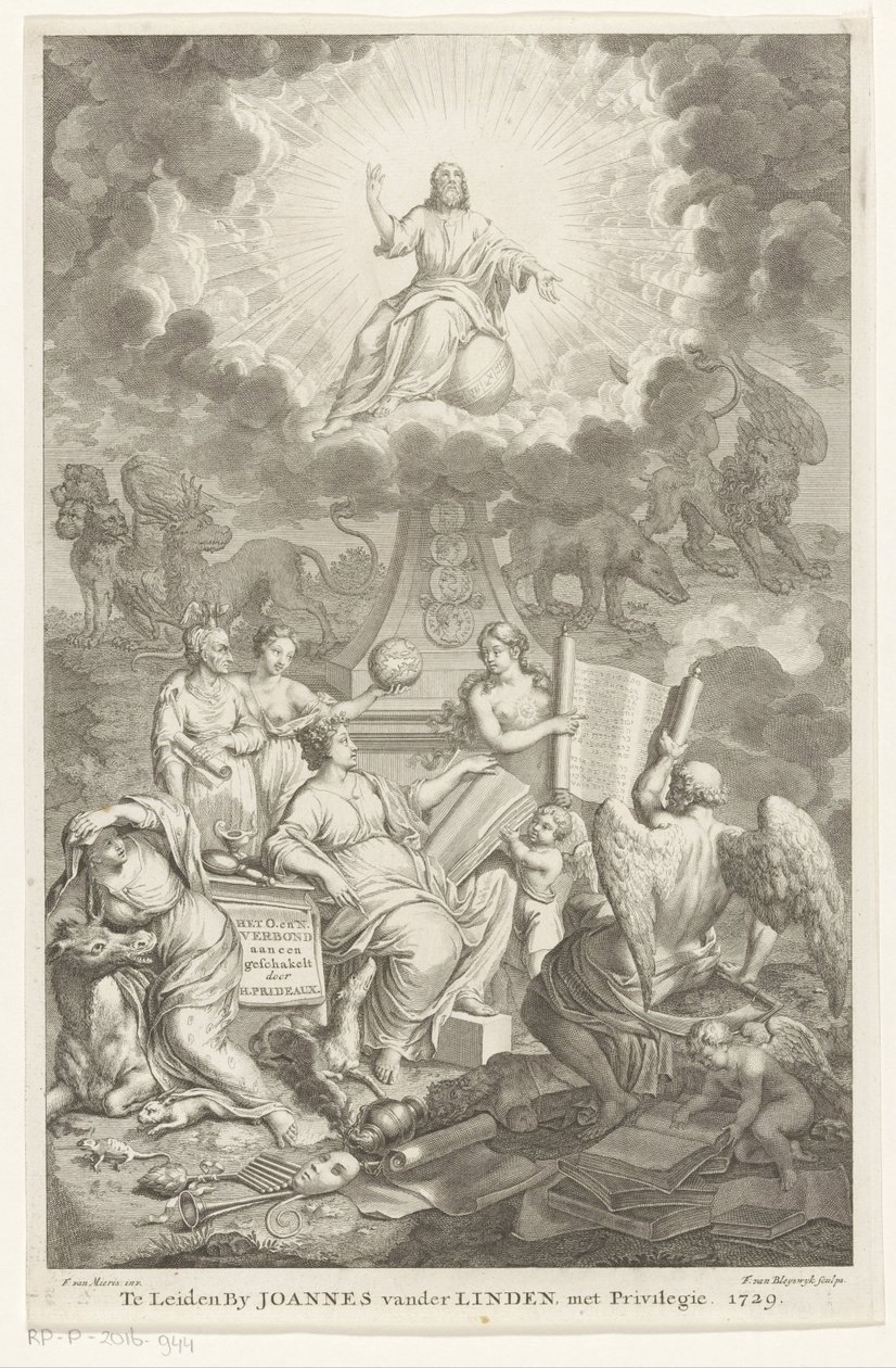Allegori over det gamle og det nye testamente O. og N. Pagten forbundet af H. Prideaux (titel på objekt) Titelside for: Humphrey Prideaux, Den Gamle og Nye Pagt er forbundet i jødernes og de grænsende folks historier af François van Bleyswijck