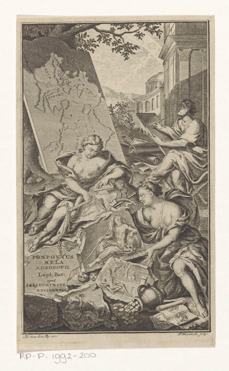 Allegorie op de meetkunde Titelside for: Pomponius Mela en Abraham Gronovius, Pomponii Melae de situ orbis libri III, 1782 af François van Bleyswijck