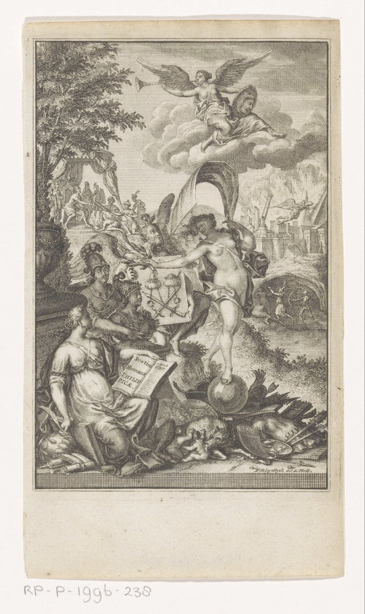 Allegori om Makedoniens sejr Titelside for: Marcus Iunianus Iustinus og Abraham Gronovius, Iustini Historiae Philippicae, 1719 af François van Bleyswijck