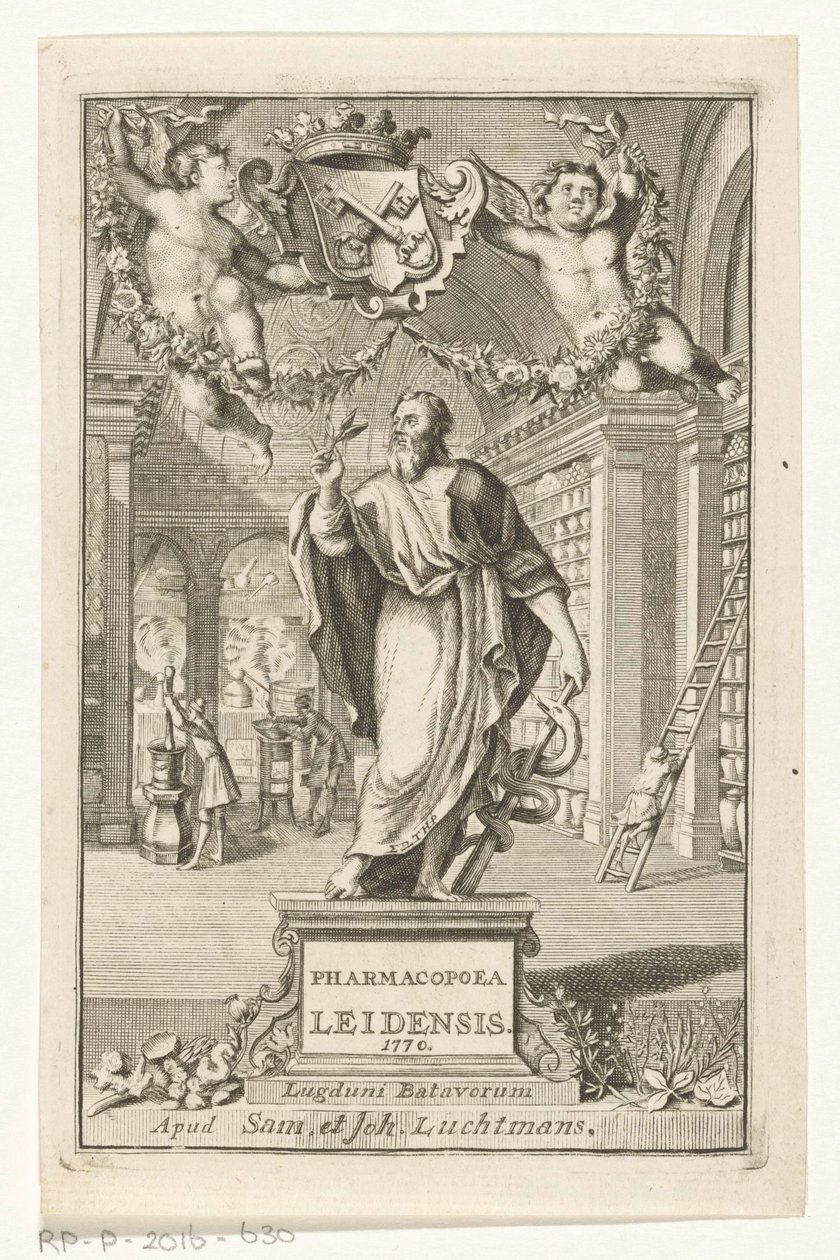 Asclepius Titelpagina voor: S.n., Pharmacopoeia Leiden, oprettet af de største magistraters myndighed, 1770 af François van Bleyswijck
