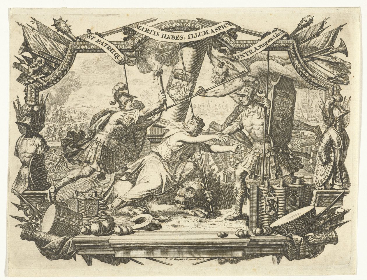 Hollandsk jomfru bliver angrebet af soldat og beskyttet af Fader Time i ramme med våbentrofæer af François van Bleyswijck