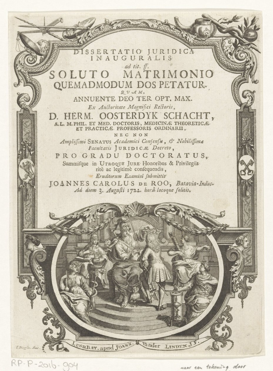Minerva lauwert schrijver Titelside for: Johannes Carolus de Roo, Dissertatio juridica inauguralis, ad tit. ff. efter et opløst ægteskab, hvorledes medgift begæres, 1722 af François van Bleyswijck