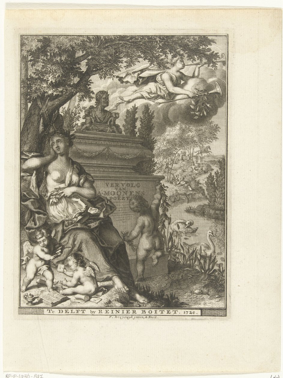 Muse og putti sidder ved digteren Arnold Moonens grav Titelside for: Arnold Moonen, Continued der poëzye, Delft 1720 Fortsættelse af A. Moonens Poezy (titel på objekt) af François van Bleyswijck