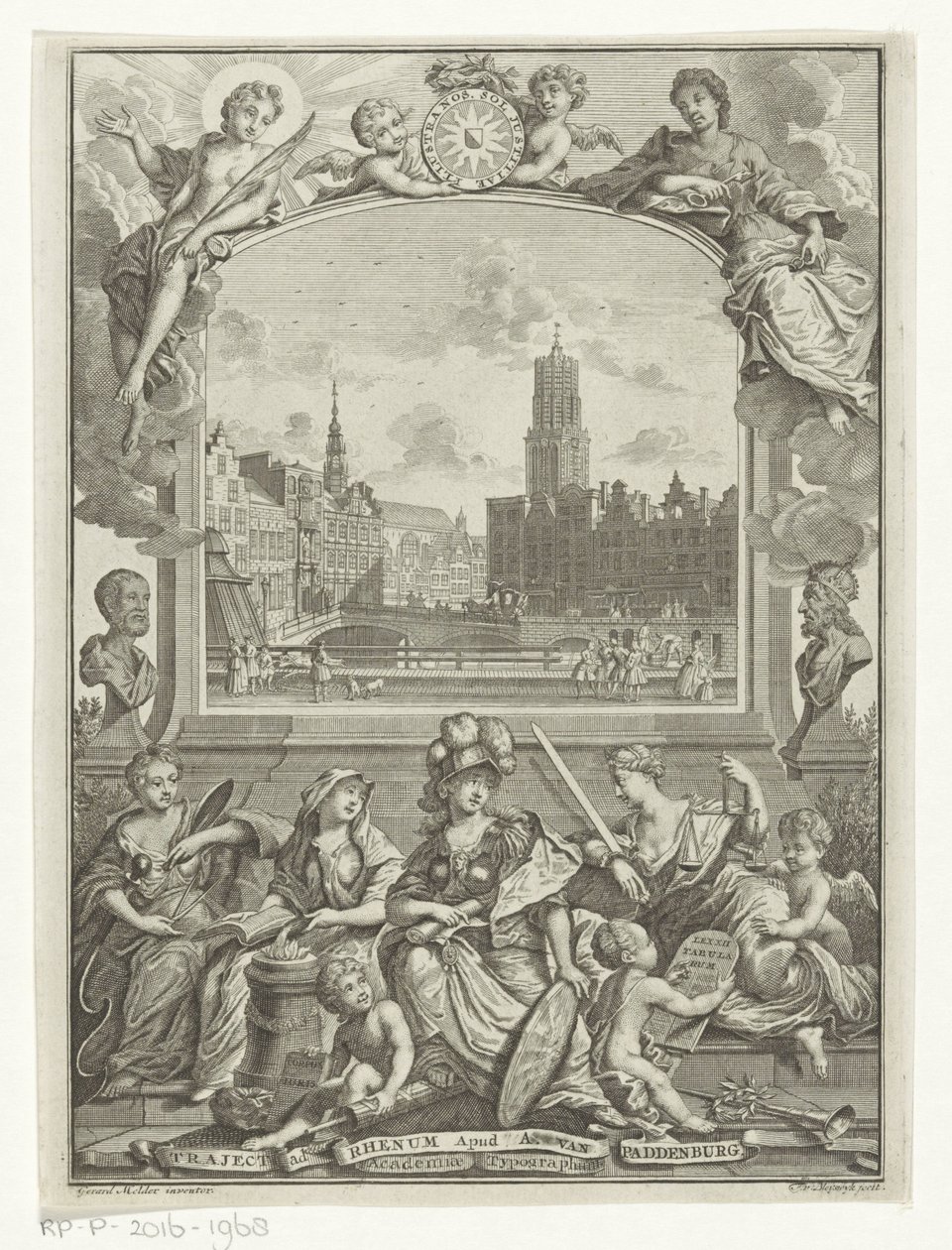 Bybillede med Domkirken i Utrecht og allegori med Minerva og dyder af François van Bleyswijck