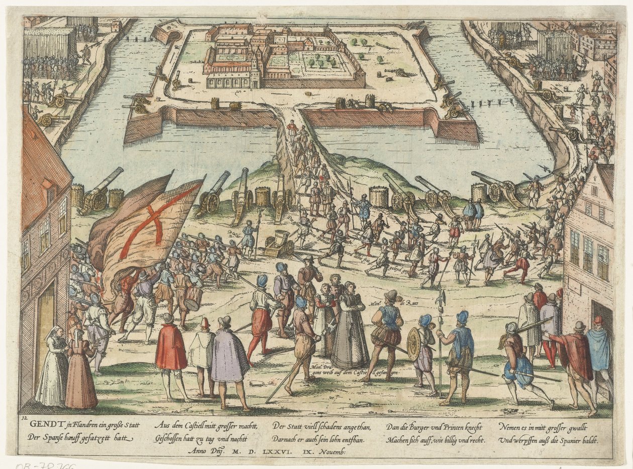 Tilbagebetalt fra spanskmændene fra citadellet Gent efter en belejring af de Staten army 9 nov 1576, foran Mondragon og hans kone af Frans Hogenberg