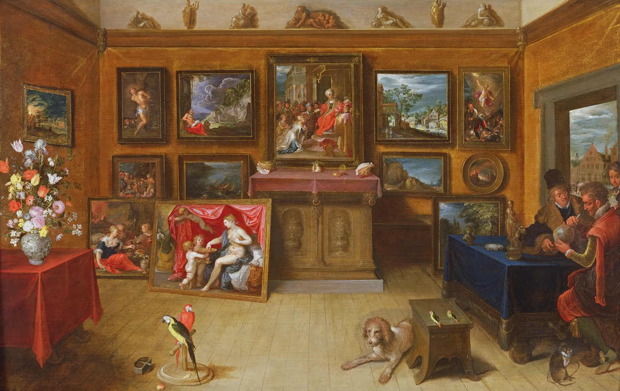 Billedgalleri med en videnskabsmand, der foretager målinger på en jordklode, 1612 af Frans II Francken the Younger