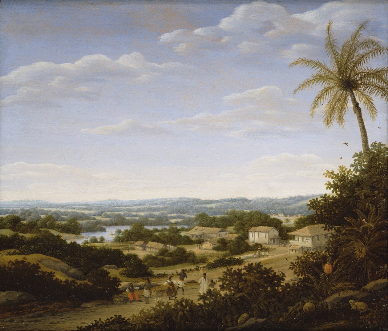 Brasiliansk landskab med indfødte på en vej, der nærmer sig en landsby, 1665 af Frans Post