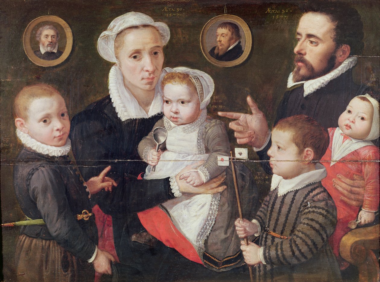Portræt af en familie: forældre med deres børn og forfædre, 1577 af Frans Menton d
