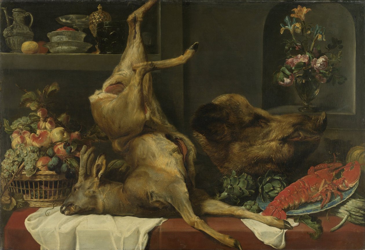 Stilleben med stort dødt vildt, frugt og blomster af Frans Snyders or Snijders