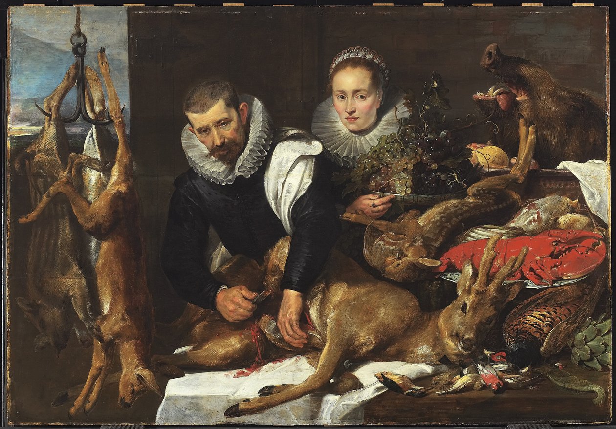 Udtagning af en råbuk med et portræt af et ægtepar, ca. 1625 (olie på vugget træpanel) af Frans Snyders or Snijders