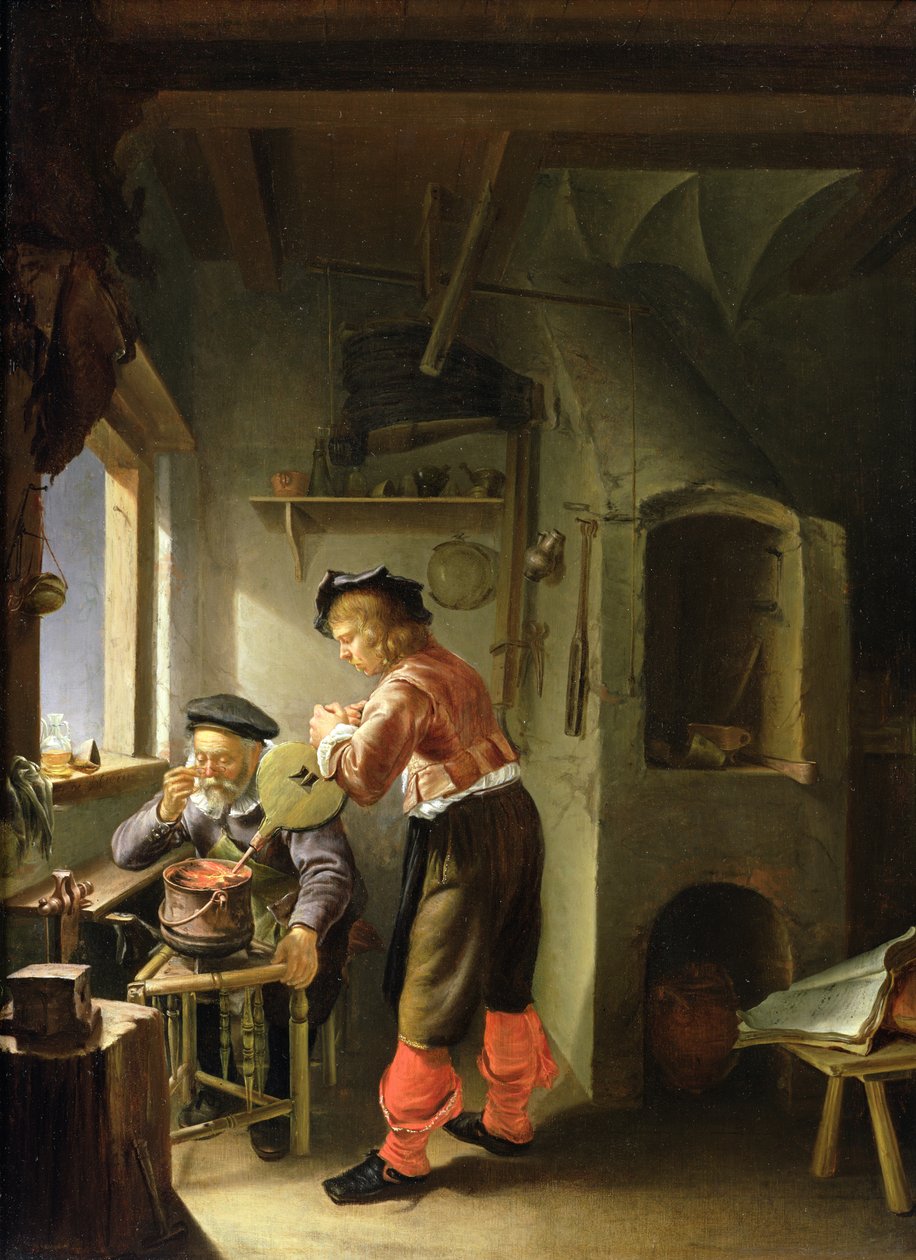 En alkymist og hans assistent i deres værksted af Frans van Mieris