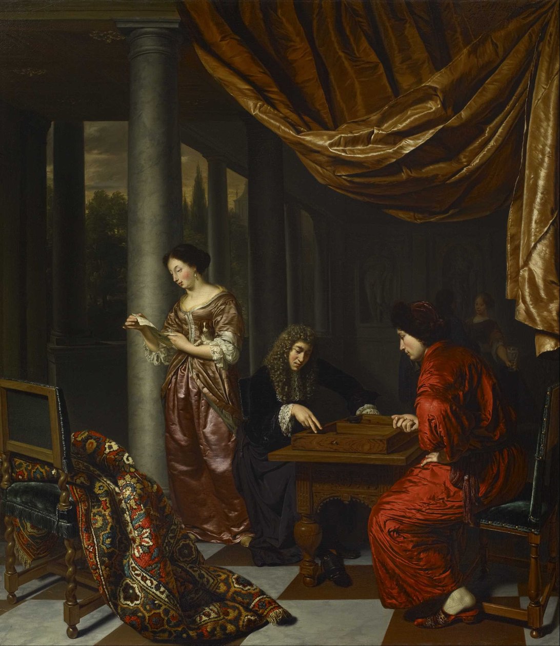 Interiør med figurer, der spiller Tric-trac af Frans van Mieris
