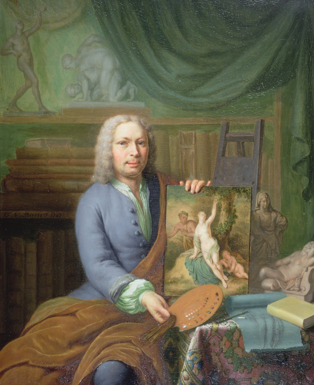 Portræt af kunstnerens far, der holder sit maleri "Erigone". af Frans van Mieris