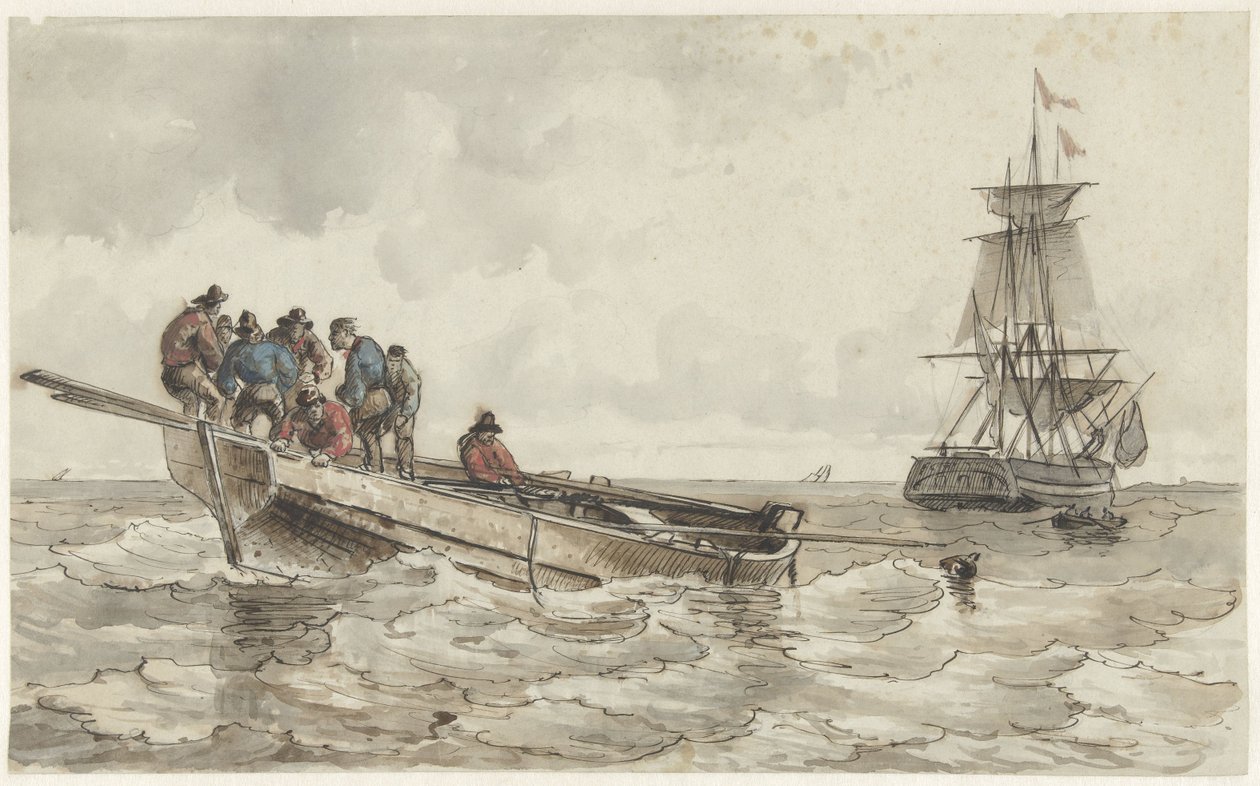 Otte mænd i en robåd nær et sejlskib af Frans Arnold Breuhaus de Groot