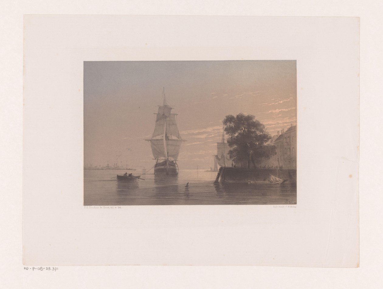 Sejlskibe ved en kaj ved solnedgang af Frans Arnold Breuhaus de Groot