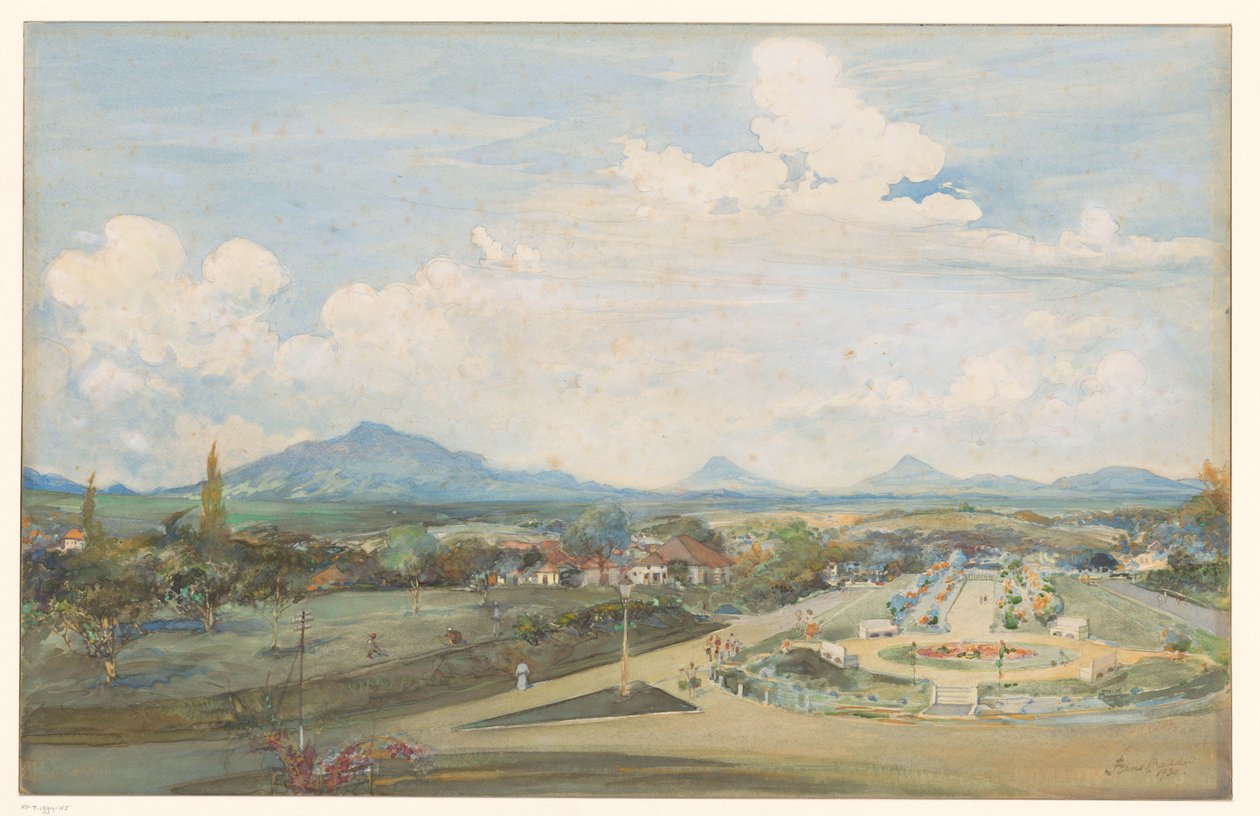 Tillemaplein i Semarang med vulkanerne Sindoro og Soembing i baggrunden af Frans Bakker (signed by artist)