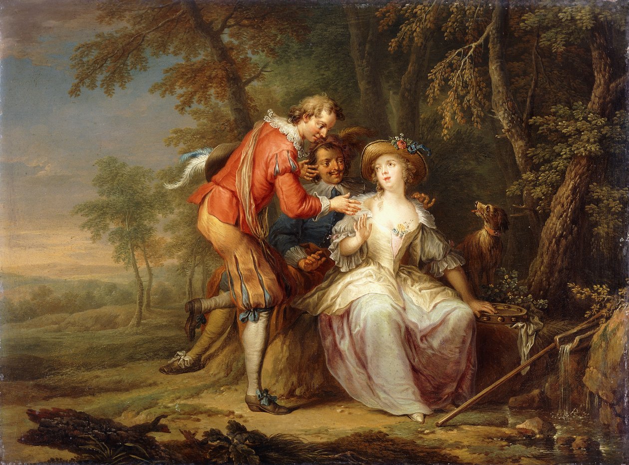 Amorøse allegoriske scener i skovklædte landskaber, af Frans Christoph Janneck