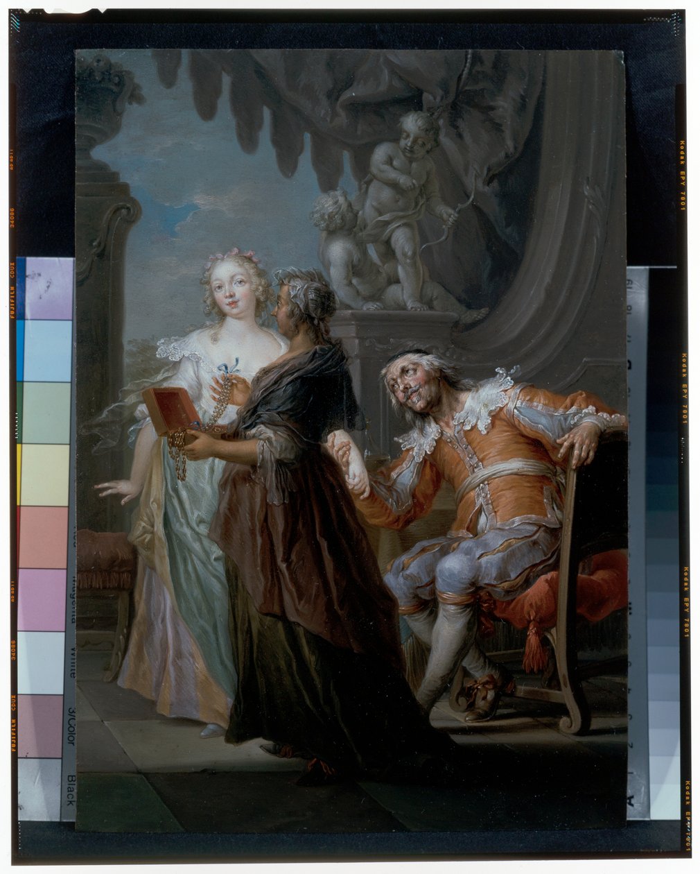 Et elegant par med en gammel pige i et interiør af Frans Christoph Janneck