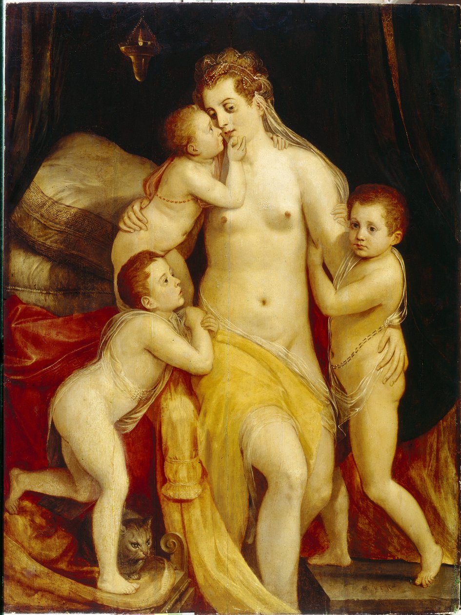 Allegori om næstekærlighed. Tre børn med medfølende udtryk nærmer sig ømt deres mor med trist ansigt for at trøste hende. Maleri af Frans Floris lysken (1519-1570), olie på træ. hollandsk kunst af Frans Floris