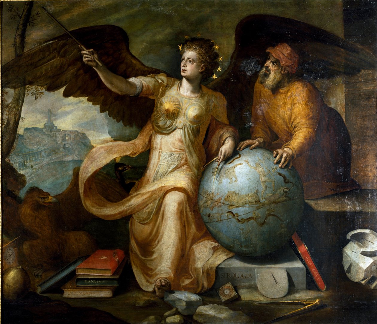 Astrologi. Allegori og personificering af astrologi med astrologiske instrumenter og himmelklode. Maleri af Frans Floris (1515-1570). flamsk maler. Gener, Privat Samling. af Frans Floris