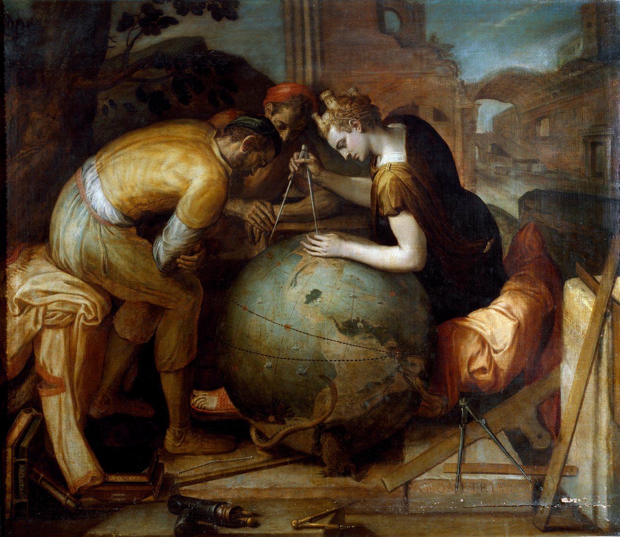 Geometri. Allegori og personificering af geometri, der holder en comppas over en globus. Forskellige geometriske instrumenter er arrangeret i forgrunden. Maleri af Frans Floris (1515-1570). flamsk kunst. Privat samling, Genes. af Frans Floris