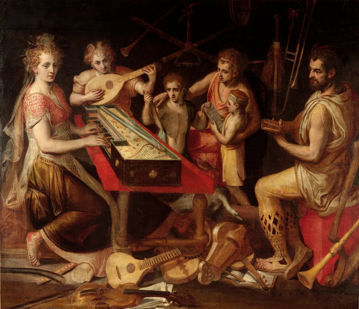 Musikkarakterer vetus har den ældgamle omkreds af musikinstrumenter, der udgør en allegori. Maleri af Frans Floris (1515-1570) 1500-tallets gener, privat samling af Frans Floris