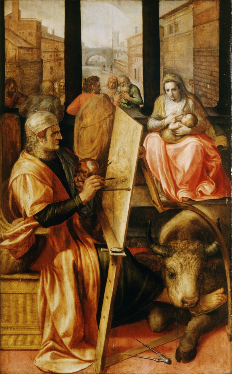 Sankt Lukas maler Jomfru Maria (olie på panel) af Frans Floris