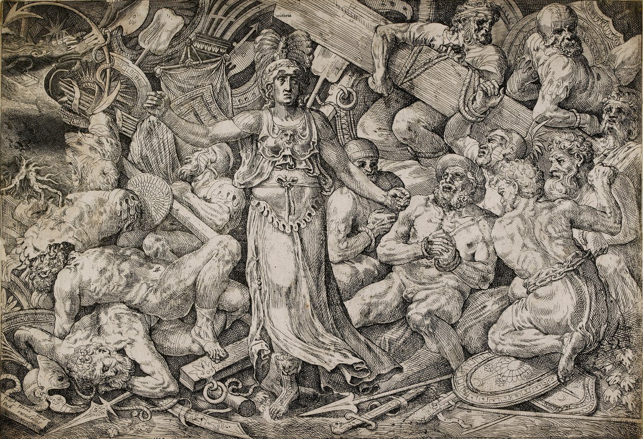 Victoria omgivet af fanger og trofæer, 1552. af Frans Floris