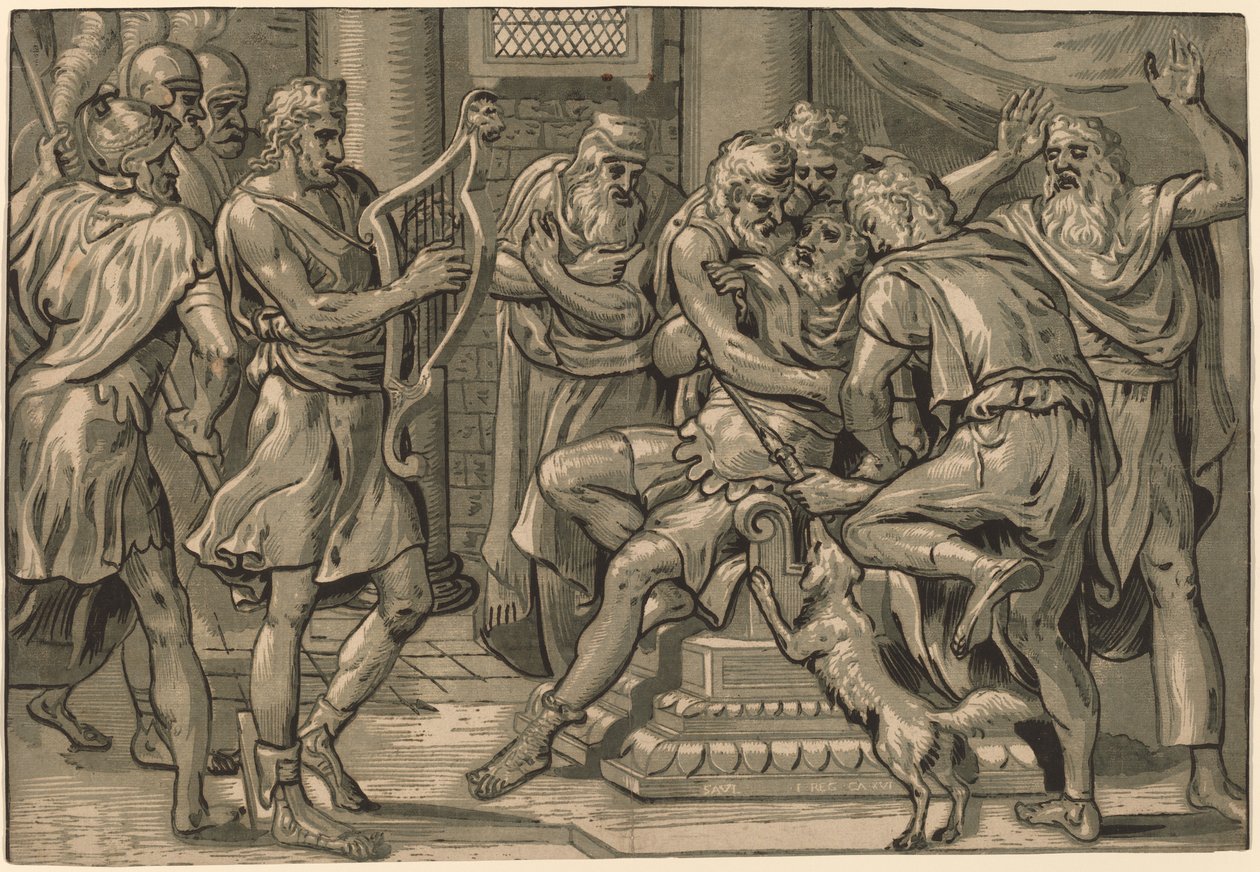 David spiller på harpen før Saul af Frans Floris I