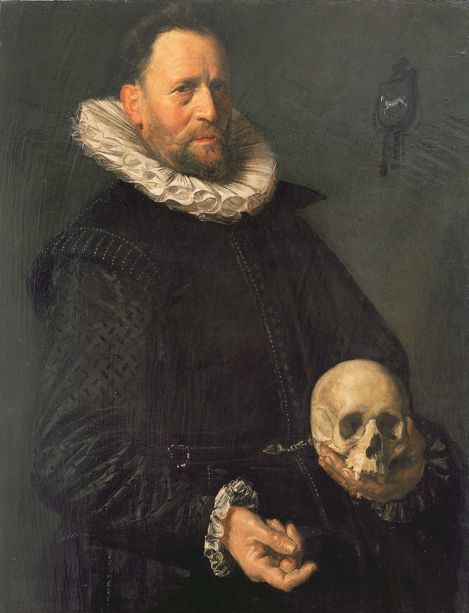 Portræt af en mand med kranie, ca.1611-12 (panel) af Frans Hals