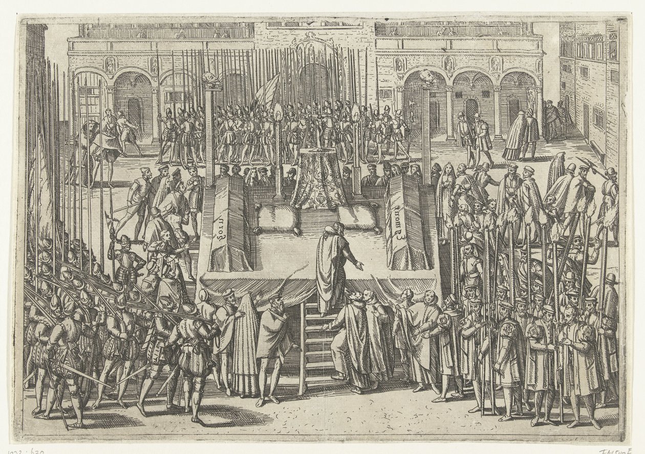 Stilladset efter halshugningen af ​​Egmond og Horne, 1568 af Frans Hogenberg (attributed to)