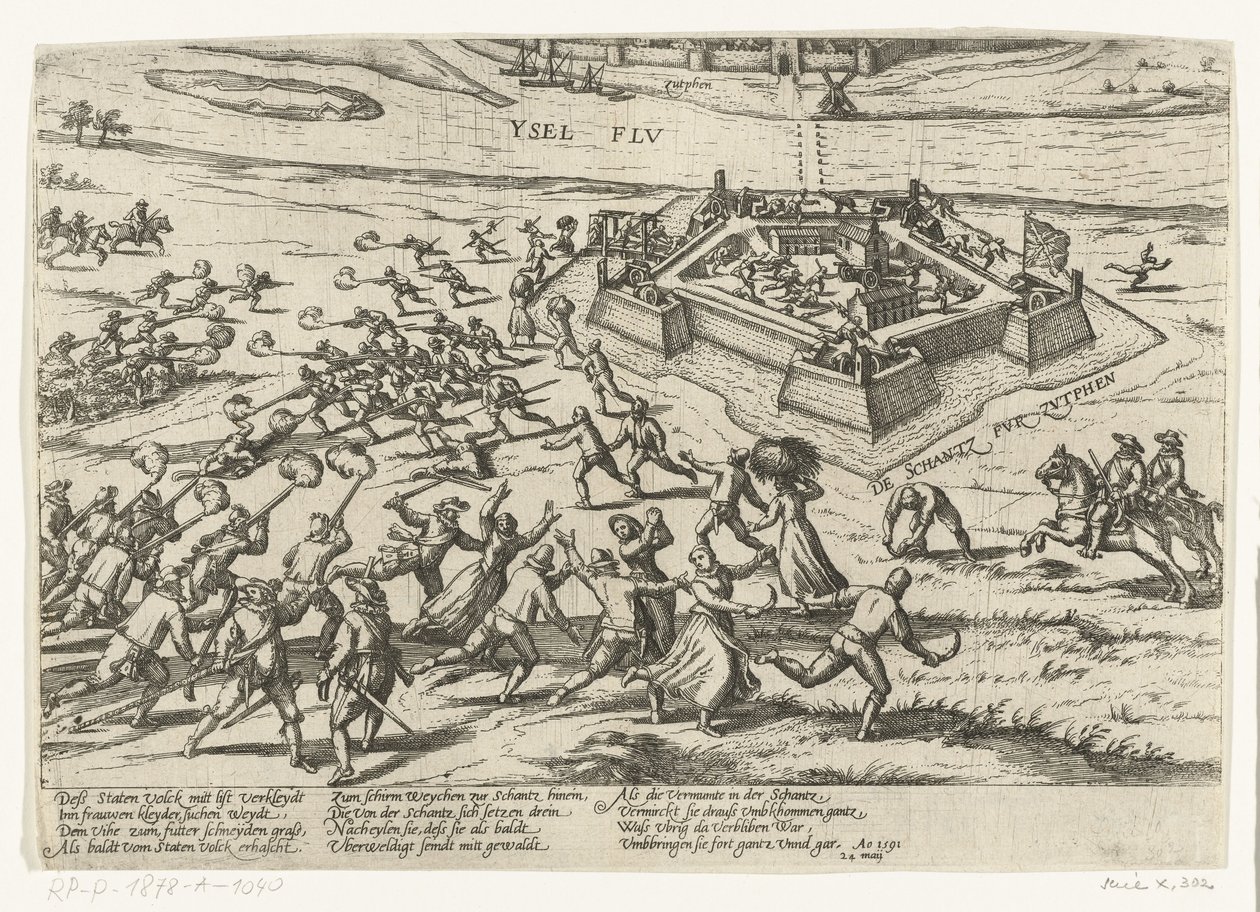 Indtog skansen ved Zutphen, 1591 Serie 10: Hollandske og udenlandske begivenheder, 1587-1612 (serietitel) af Frans Hogenberg (workshop of)