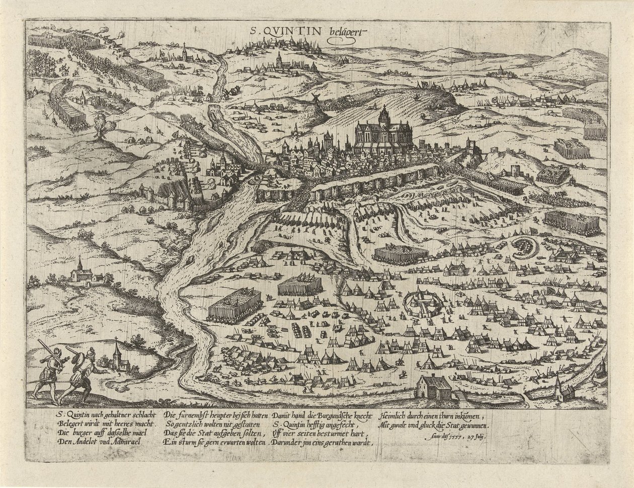 Belejring af Saint-Quentin, 1557 S. Quintin belägert (titel på objekt) Serie 2: Begivenheder i Holland, 1555-1558 (serietitel) af Frans Hogenberg
