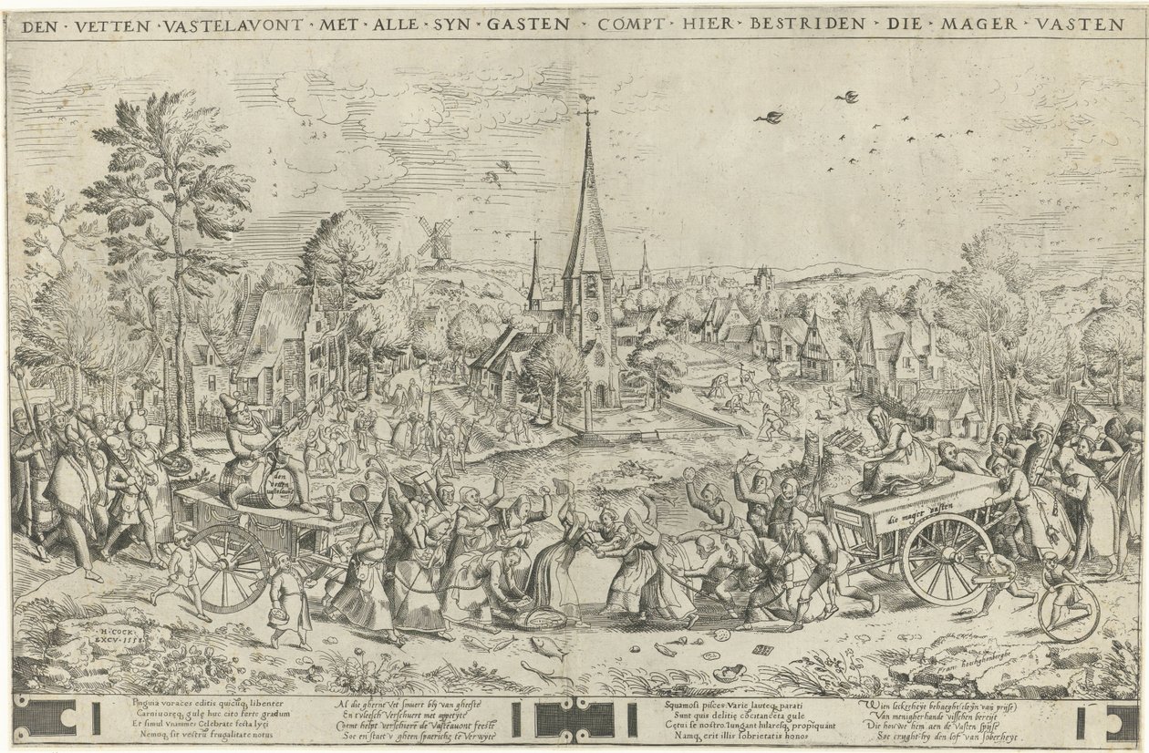 Kampen mellem karneval og faste Den fat Vastelavon med alle syn gæster compt hier bestriden die meager Vasten (titel på objekt) af Frans Hogenberg