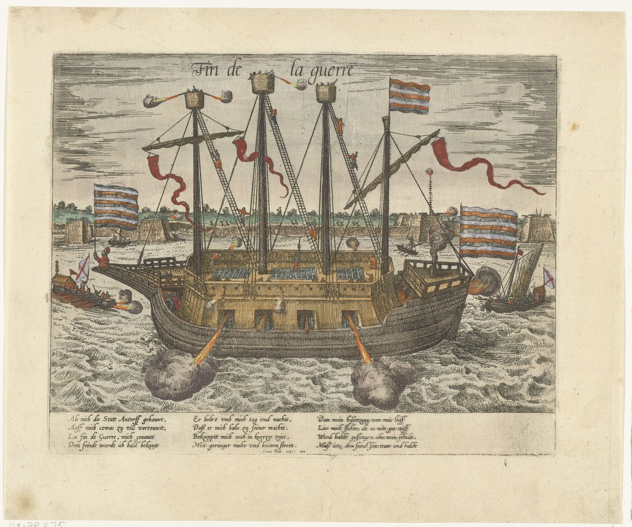 Skibet Fin de la guerre, 1585 Fin de la guerre (titel på objekt) Serie 9: Hollandske og tyske begivenheder, 1583-1587 (serietitel) af Frans Hogenberg