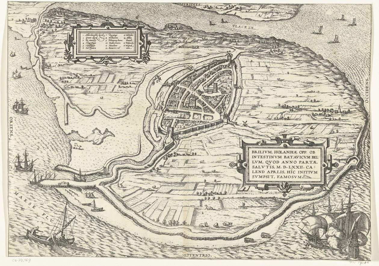 Kort van het eiland Voorne en plattegrond van Brielle, 1572 Brillium, Holland op. på grund af den indbyrdes hollandske krig, som i året for Frelsens sejr 72 e.Kr. i aprilvarmen begyndte han her, berømt (titel på objektet) af Frans Hogenberg