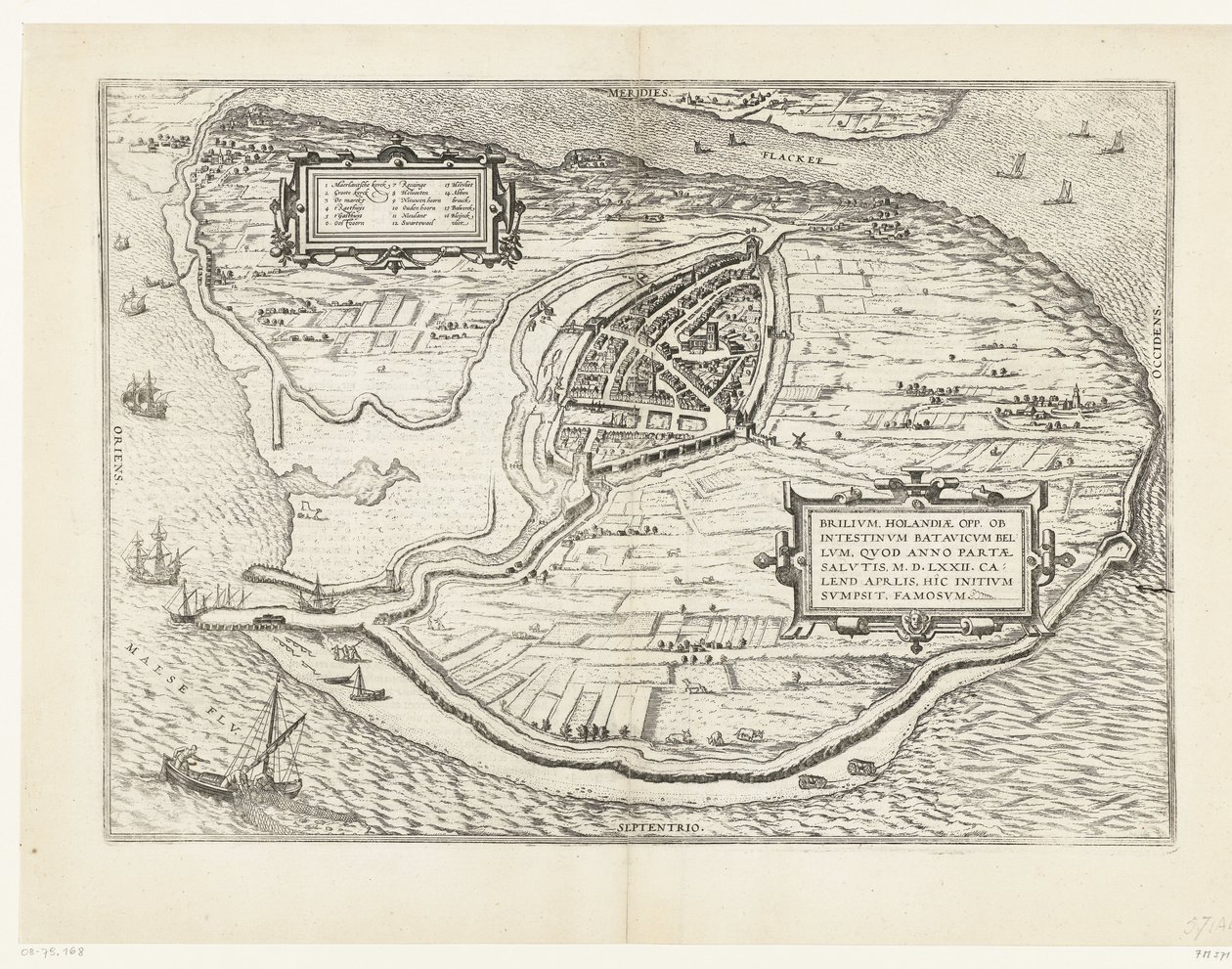 Kort van het eiland Voorne en plattegrond van Brielle, 1572 Brillium, Holland op. på grund af den indbyrdes hollandske krig, som i året for Frelsens sejr 72 e.Kr. i aprilvarmen begyndte han her, berømt (titel på objektet) af Frans Hogenberg