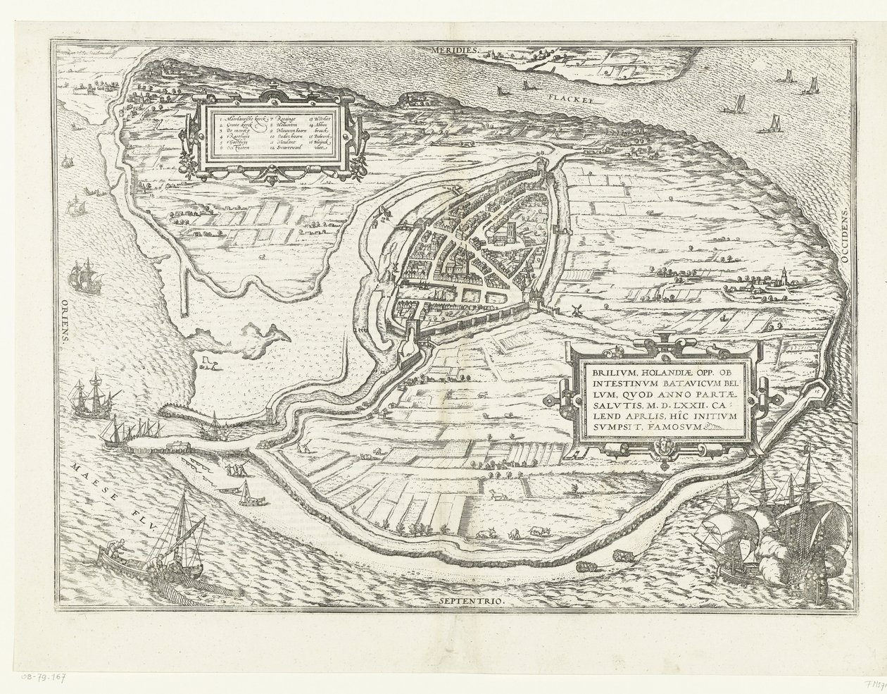 Kort van het eiland Voorne en plattegrond van Brielle, 1572 Brillium, Holland op. på grund af den indbyrdes hollandske krig, som i året for Frelsens sejr 72 e.Kr. i aprilvarmen begyndte han her, berømt (titel på objektet) af Frans Hogenberg