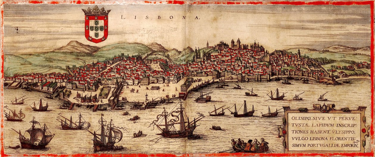 Udsigt over Lissabon og Tejo-floden Fra: Verdenskort, 1572 af Frans Hogenberg