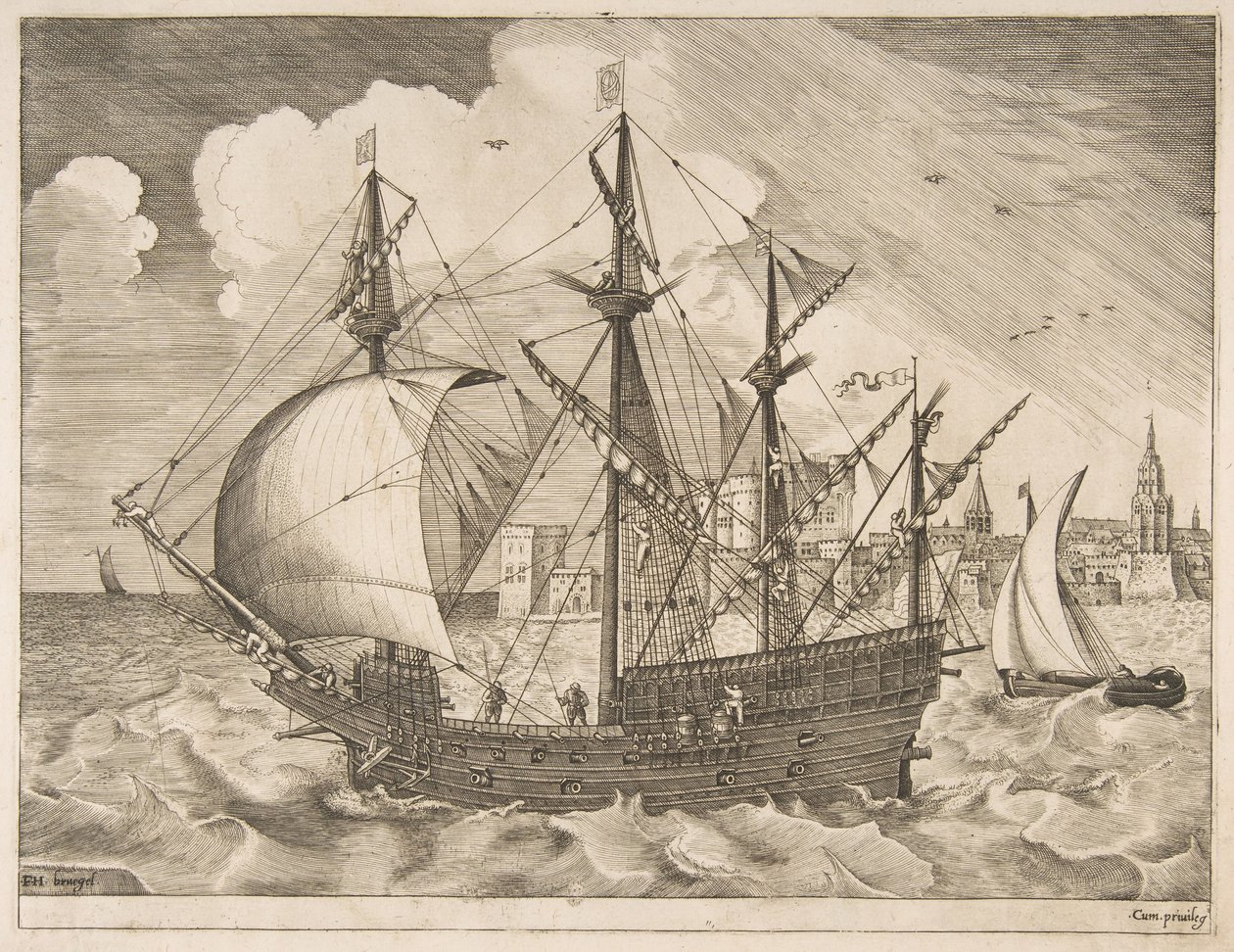 Bevæbnet fire-skibsfører ud på havet fra sejlskibene, ca. 1555-56. af Frans Huys